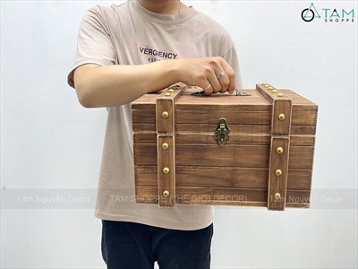 Rương gỗ viền nẹp đinh tán giả cổ 35cm (tặng ổ khoá) RUONG-GO-01